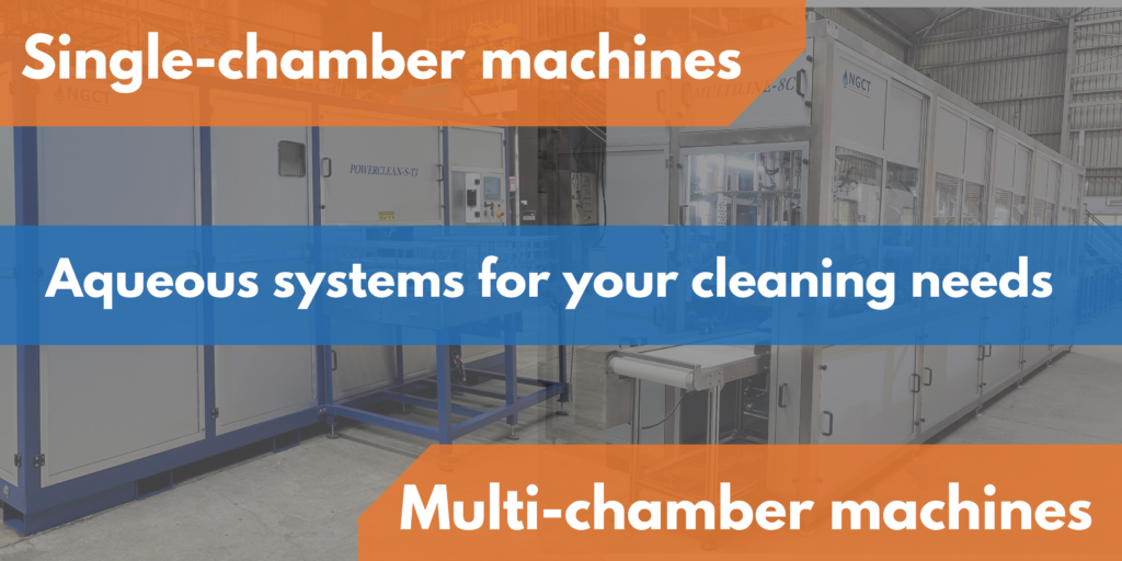 Industrial aqueous cleaning system used for precision parts cleaning in a manufacturing facility