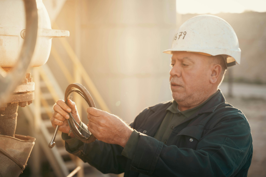 Man visually inspecting a piece of equipment.